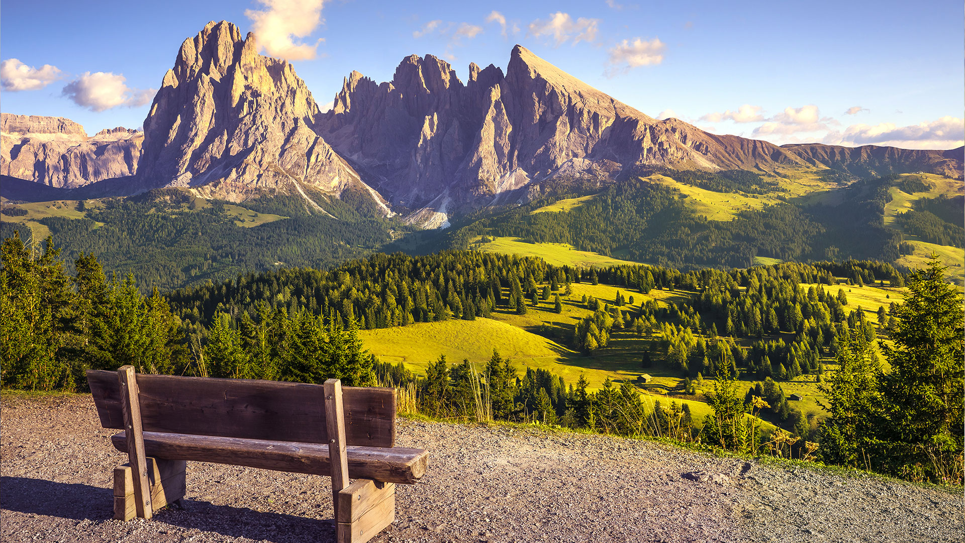 Panchina panoramica con vista sul Sassolungo e sui prati verdi dell'Alpe di Siusi.