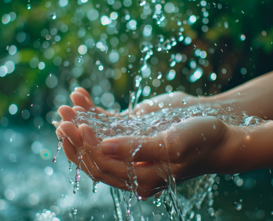 Una mano sotto l'acqua corrente della sorgente