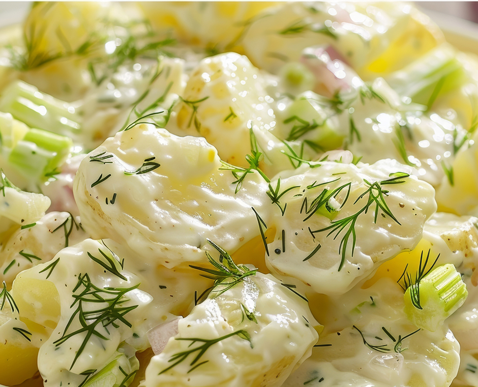 Un'insalata di patate cremosa con un condimento piccante all'aneto e condita con sedano e cipolla rossa tagliati a dadini.