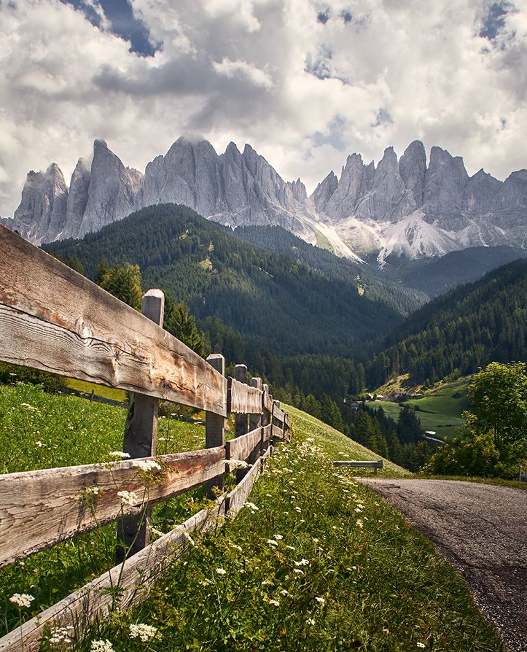 Vista sulle Odle in Val di Funes, tra prati fioriti e recinzioni in legno