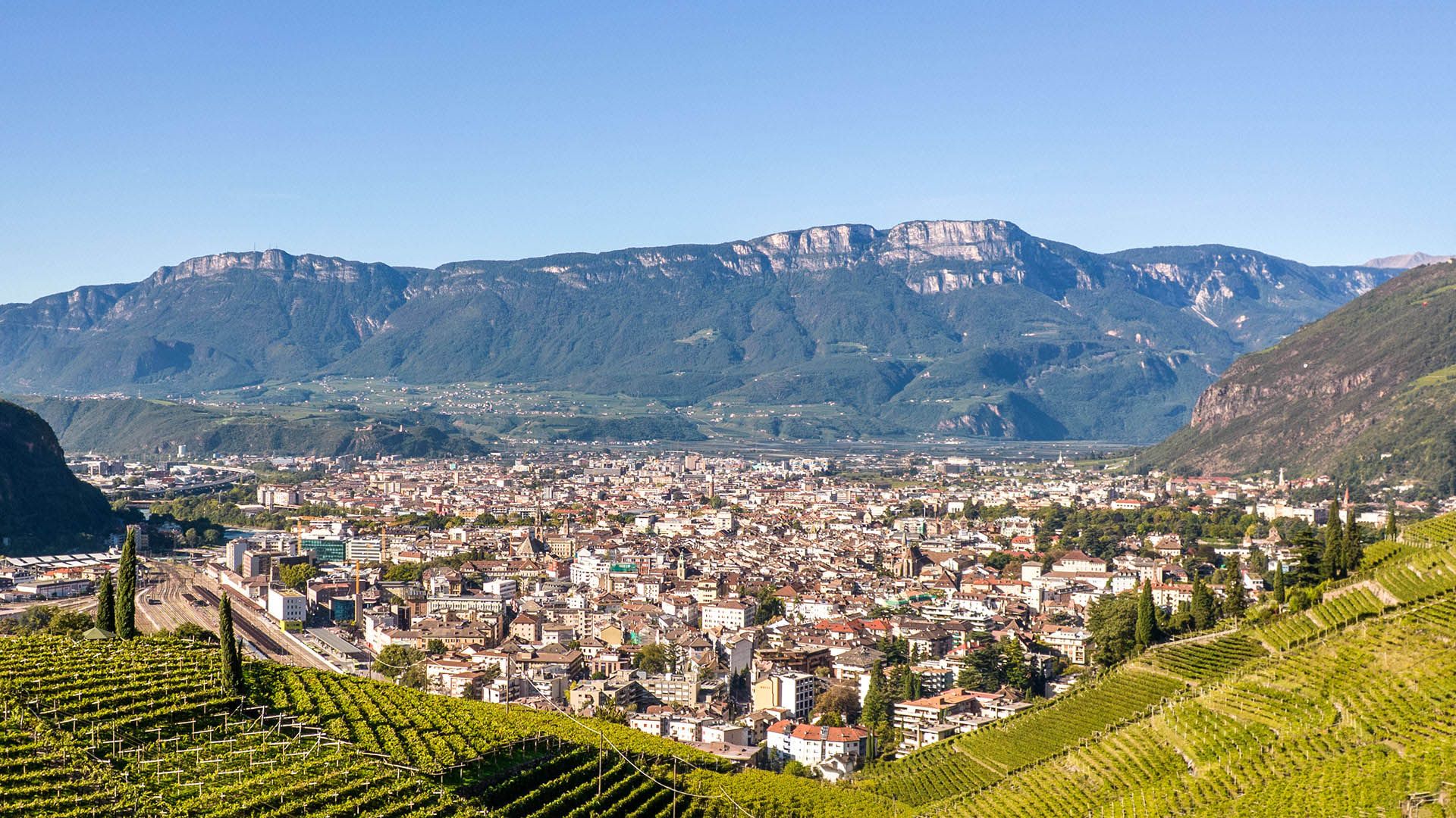 Blick auf Bozen mit dem Dom und den umliegenden Bergen