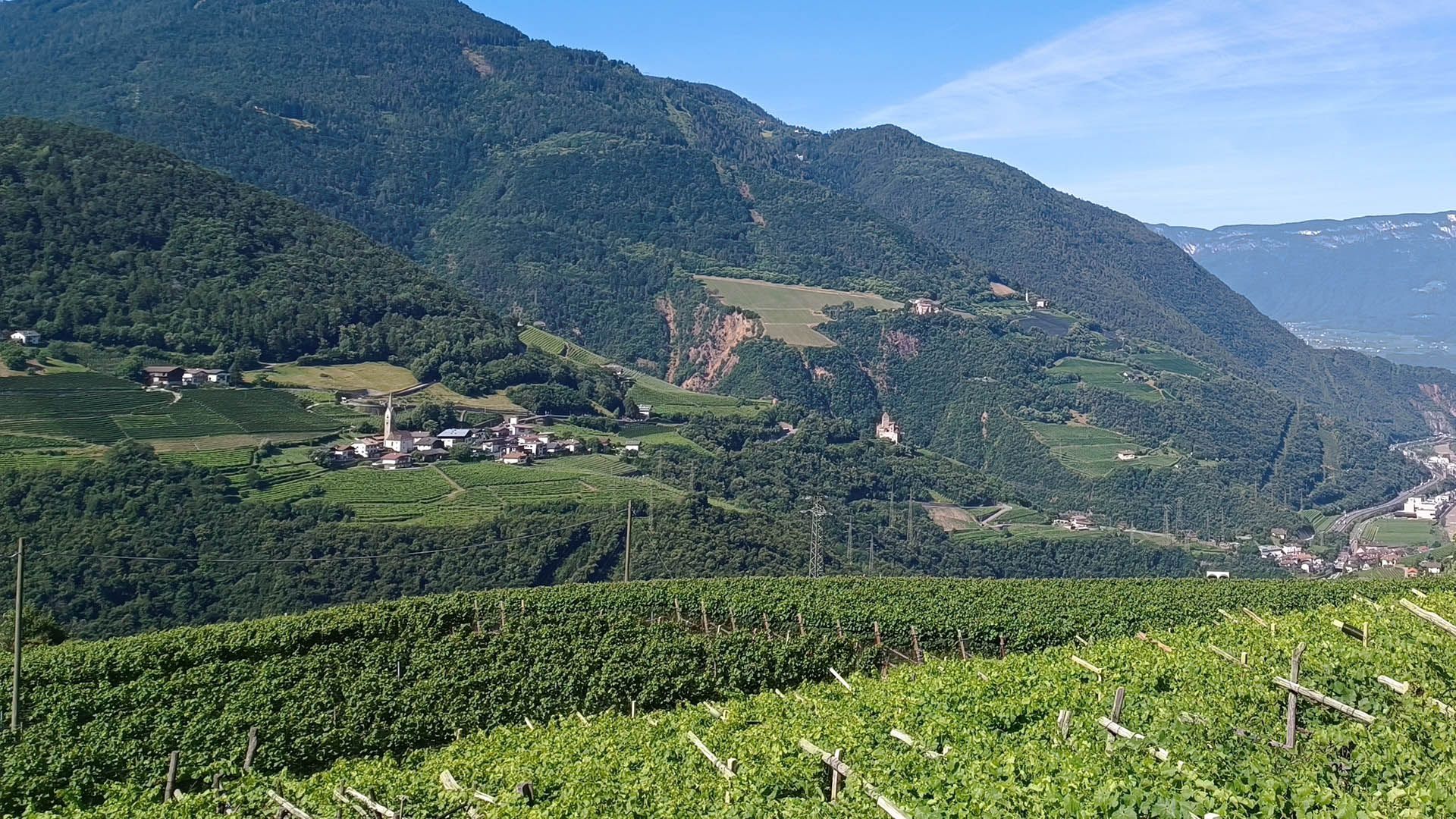 Veduta di Cornedo all’Isarco tra vigneti e boschi, con chiesetta e montagne sullo sfondo