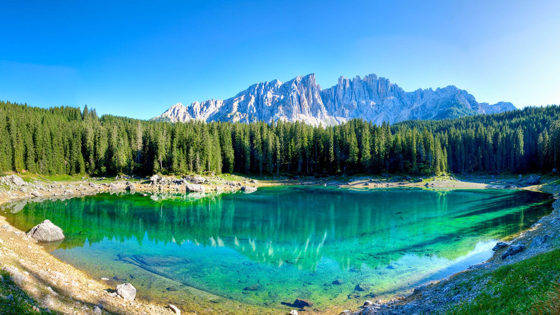 Lago di Carezza con acqua turchese e vista sul Latemar tra boschi e Dolomiti