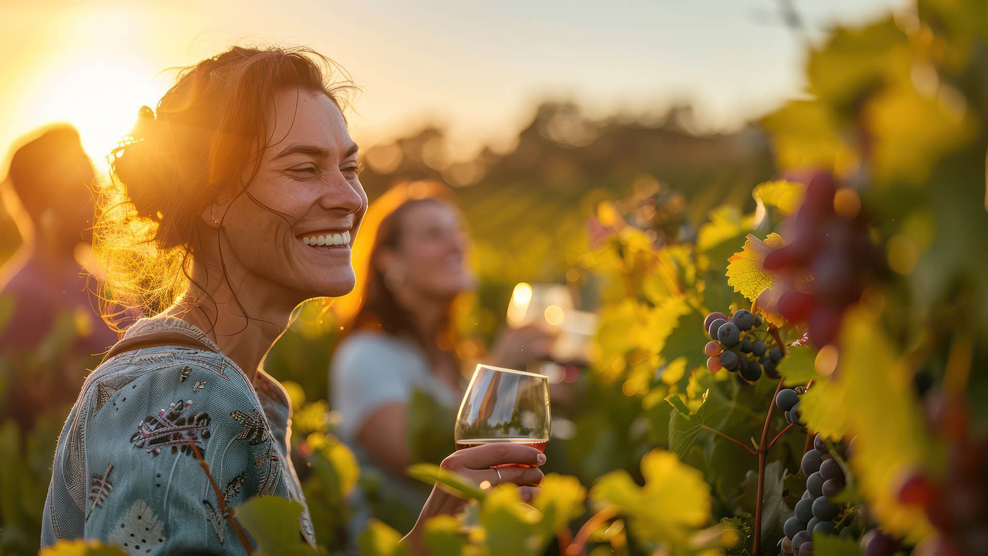 Donna felice con un bicchiere di vino tra i filari al tramonto
