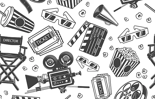 Illustrazione con simboli del cinema: pop corn, occhiali, ciak, biglietti
